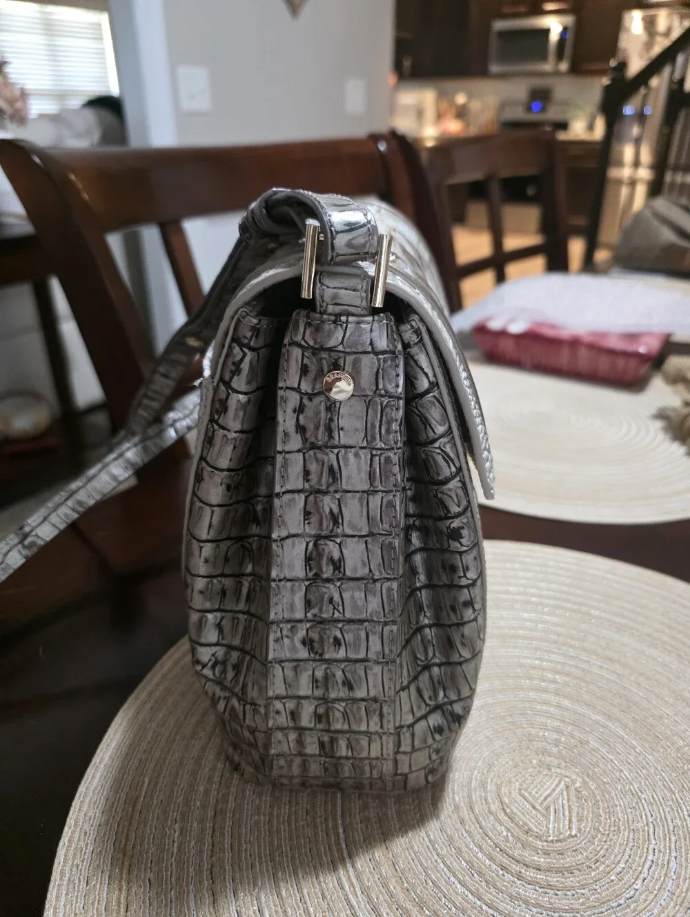 Brahmin Light Gray Croc-Embossed Satchel with Matching Wallet & Coin Pouch